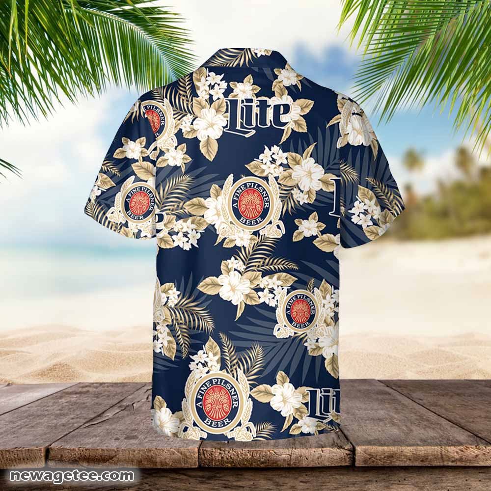 Miller Lite Hawaiian Button Up Shirt Flowers Pattern Shirt