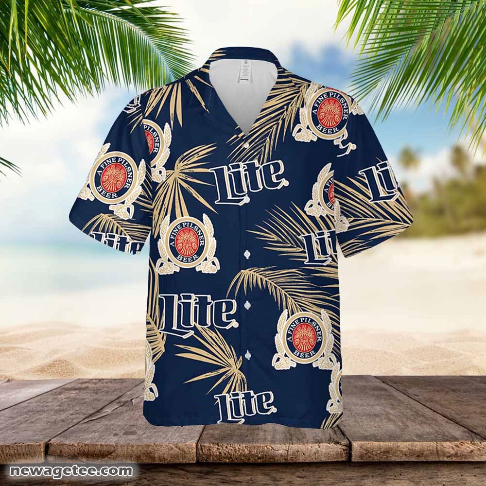 Miller Lite Hawaiian Button Up Shirt Palm Leaves Pattern