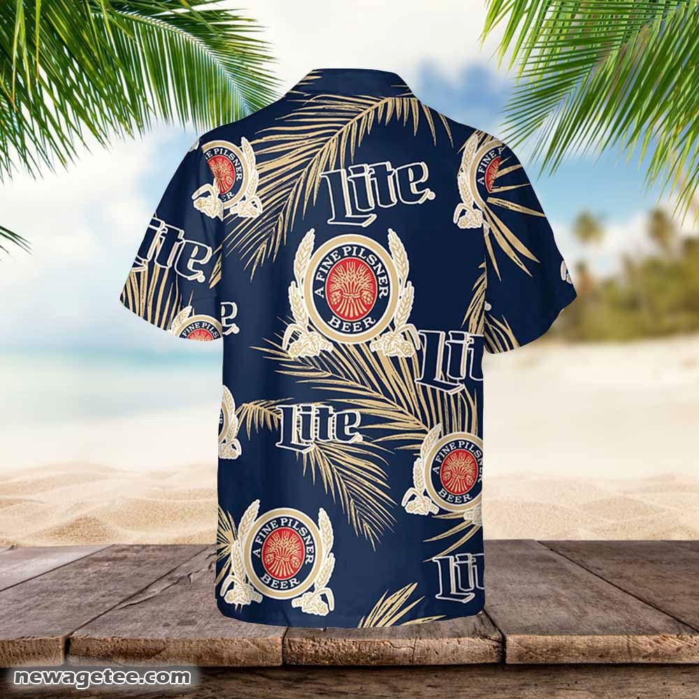 Miller Lite Hawaiian Button Up Shirt Palm Leaves Pattern