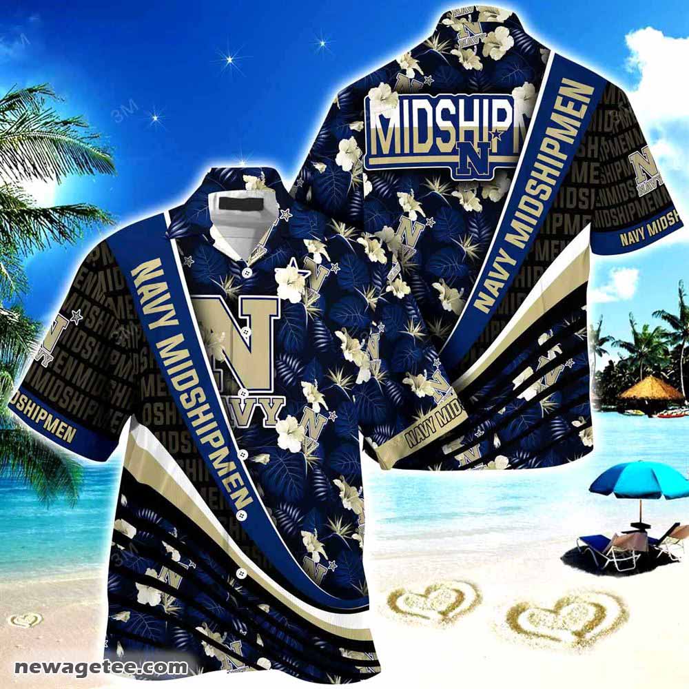Navy Midshipmen Summer Beach Hawaiian Shirt With Tropical Flower Pattern
