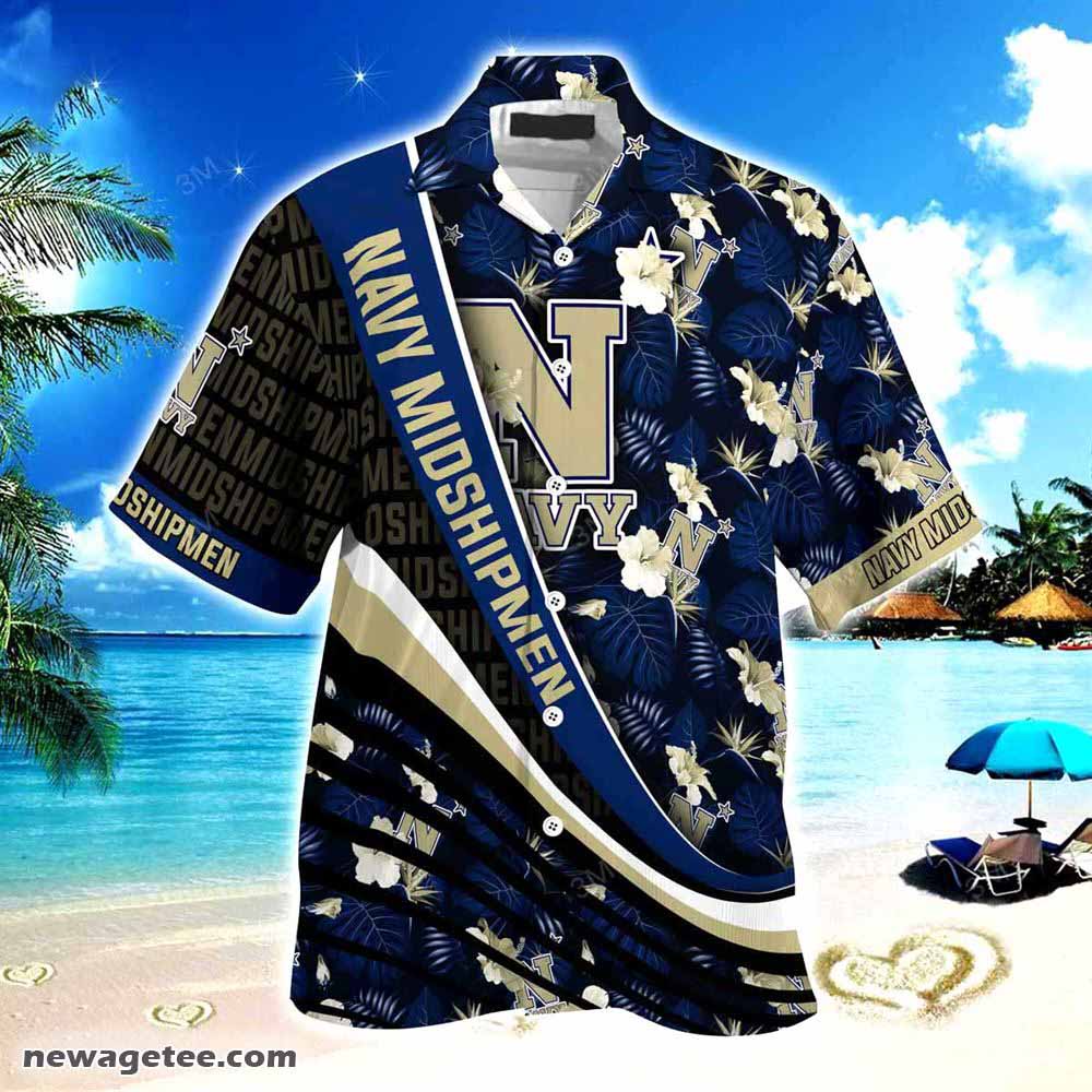 Navy Midshipmen Summer Beach Hawaiian Shirt With Tropical Flower Pattern Navy Midshipmen Summer Beach Hawaiian Shirt With Tropical Flower Pattern