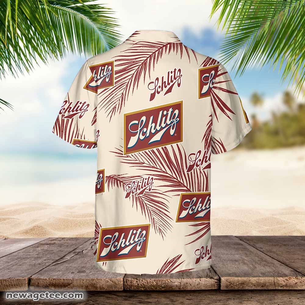 Schlitz Hawaiian Button Up Shirt Palm Leaves Pattern Party