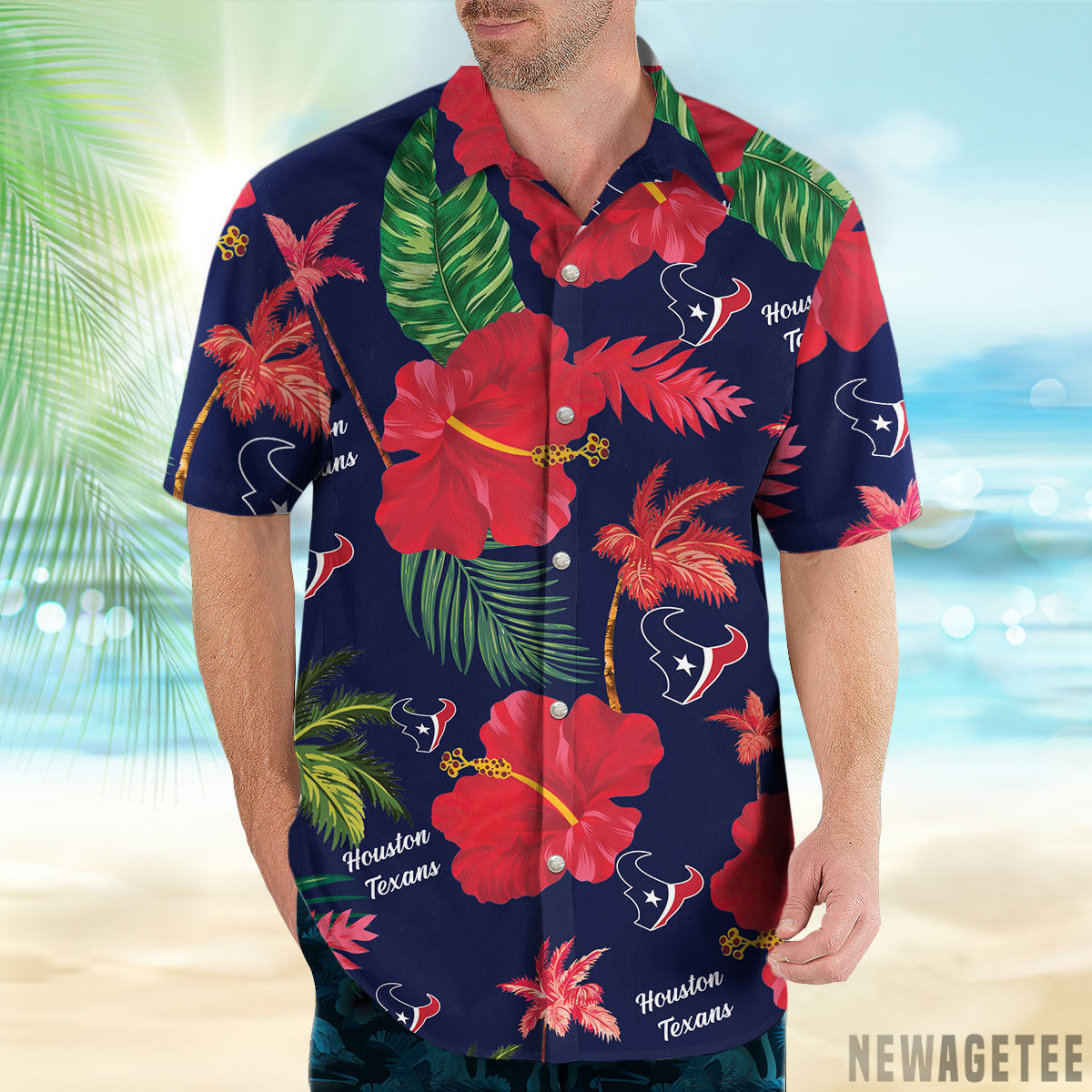 Houston Texans Nfl Color Hibiscus Button Up Hawaiian Shirt