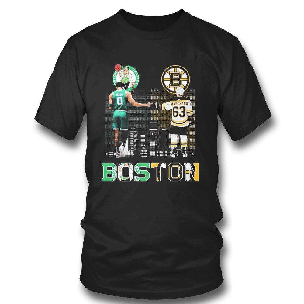 Brad Marchand And Jayson Tatum Boston Skyline Sports Teams Signatures T-shirt