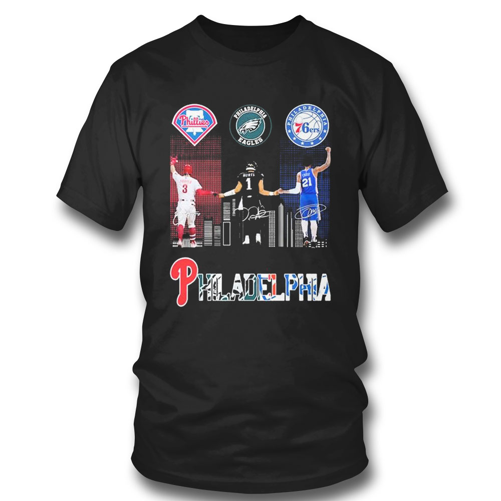 Bryce Harper Jalen Hurts And Joel Embiid Philadelphia Skyline Sports Signatures T-shirt