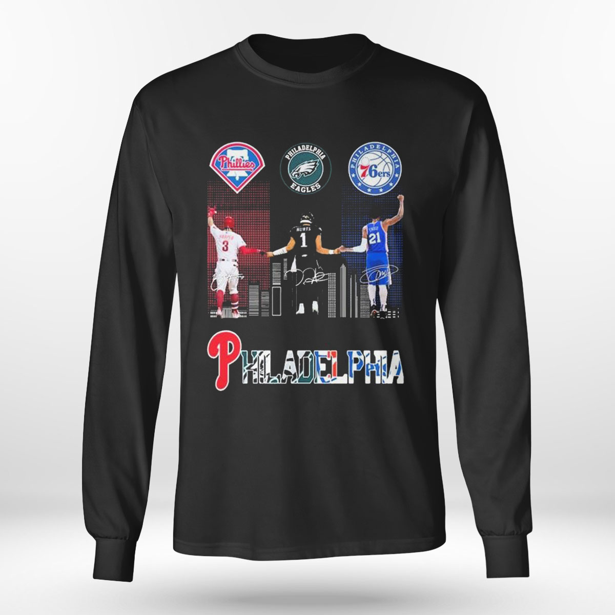 Bryce Harper Jalen Hurts And Joel Embiid Philadelphia Skyline Sports Signatures T-shirt