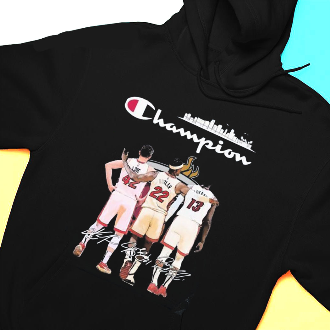 Miami Heat Kevin Love Jimmy Butler And Bam Adebayo Champion Miami Skyline Signatures T-shirt