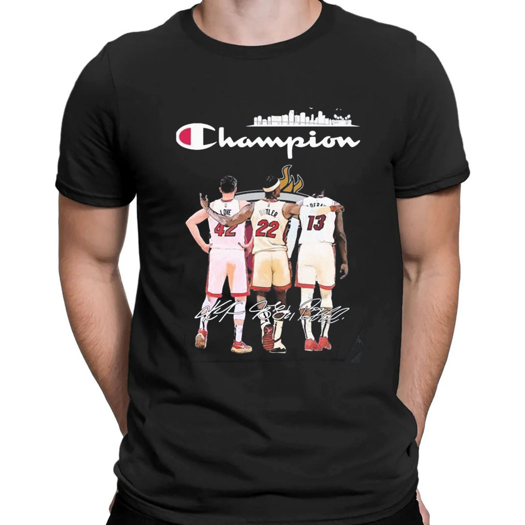 Miami Heat Kevin Love Jimmy Butler And Bam Adebayo Champion Miami Skyline Signatures T-shirt