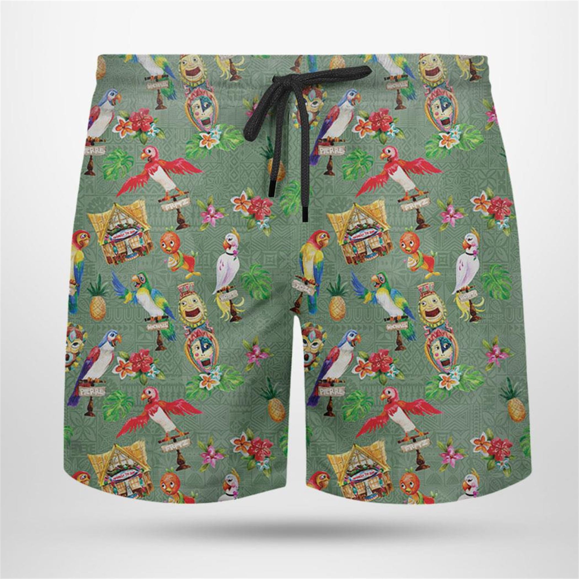 Orange Bird And Tiki Friends Hawaiian Shirt Beach Shorts