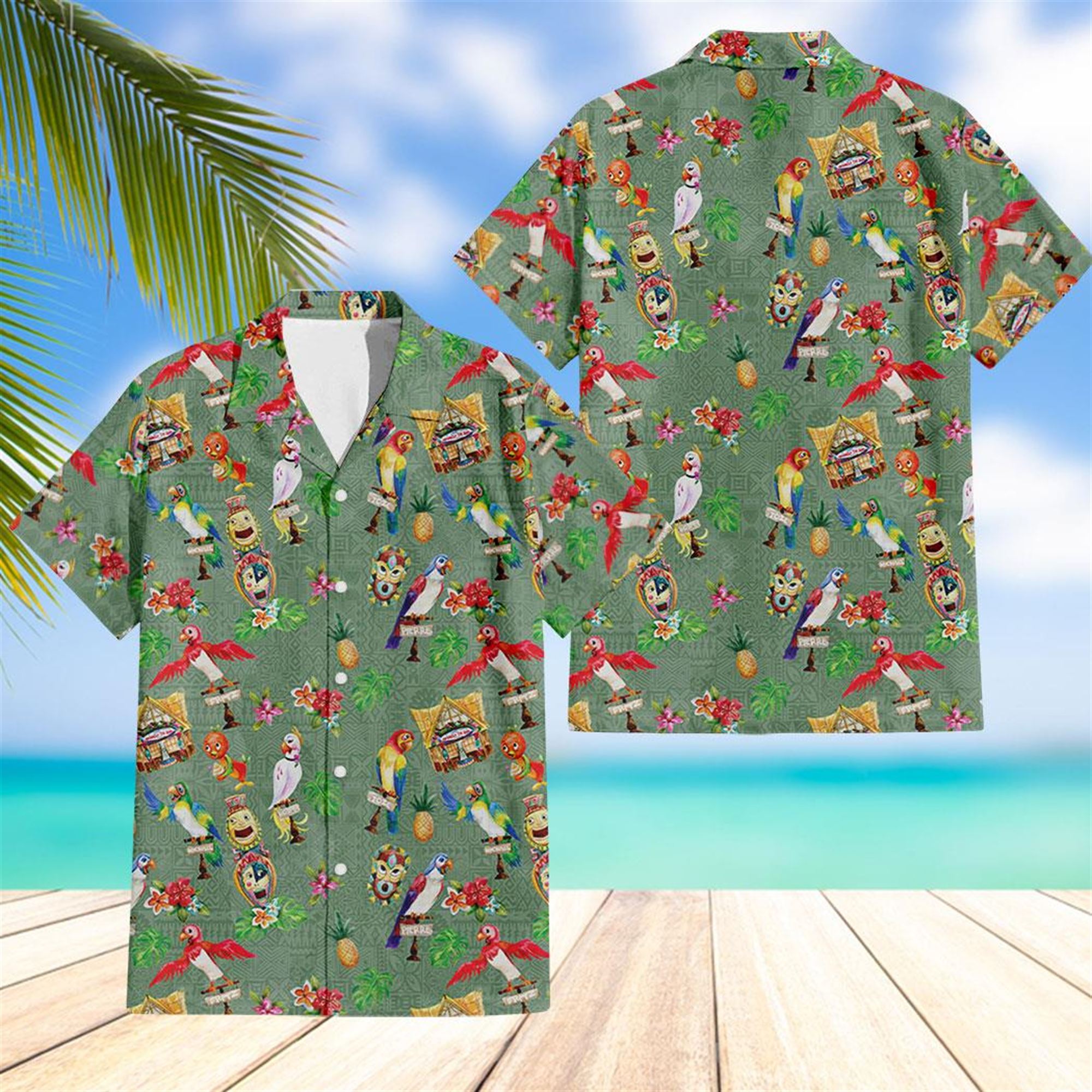 Orange Bird And Tiki Friends Hawaiian Shirt Beach Shorts
