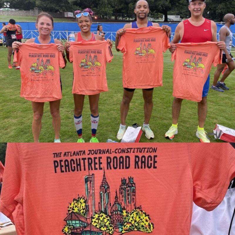 the winning design for the 2023 AJC Peachtree Road Race T shirt contest