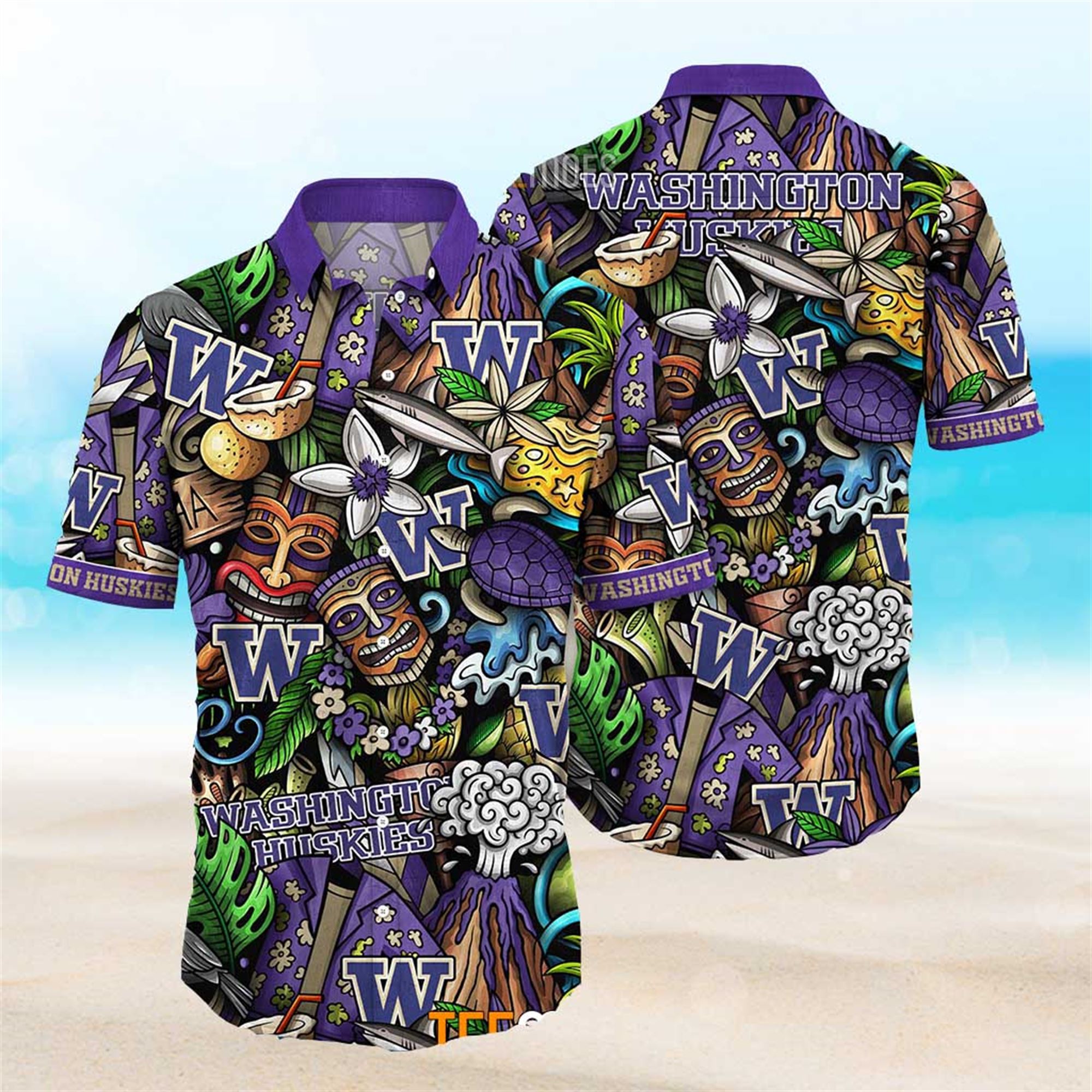NEW Washington Huskies Ncaa Mens Floral Button Up Hawaiian Shirt
