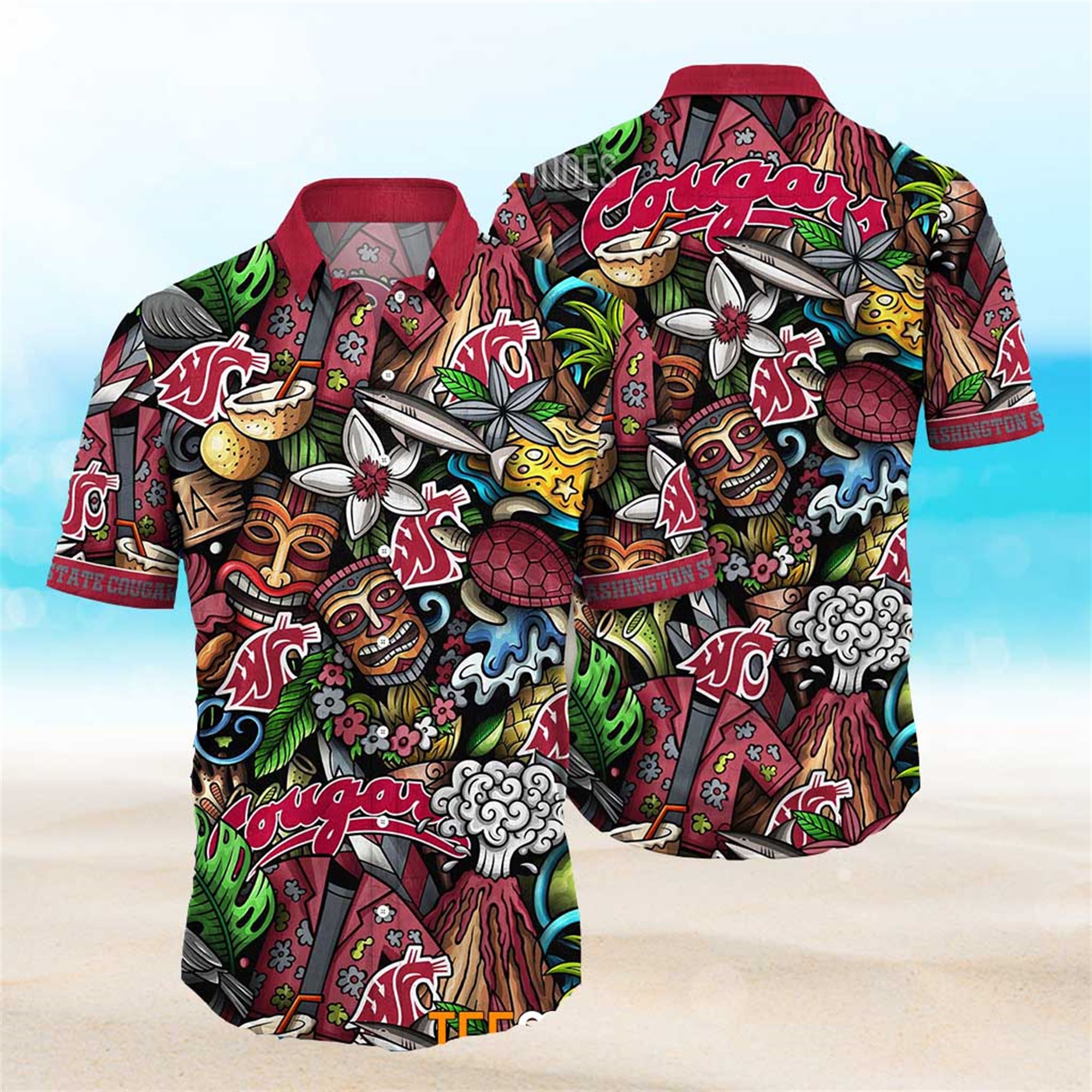 NEW Washington State Cougars Ncaa Mens Floral Button Up Hawaiian Shirt