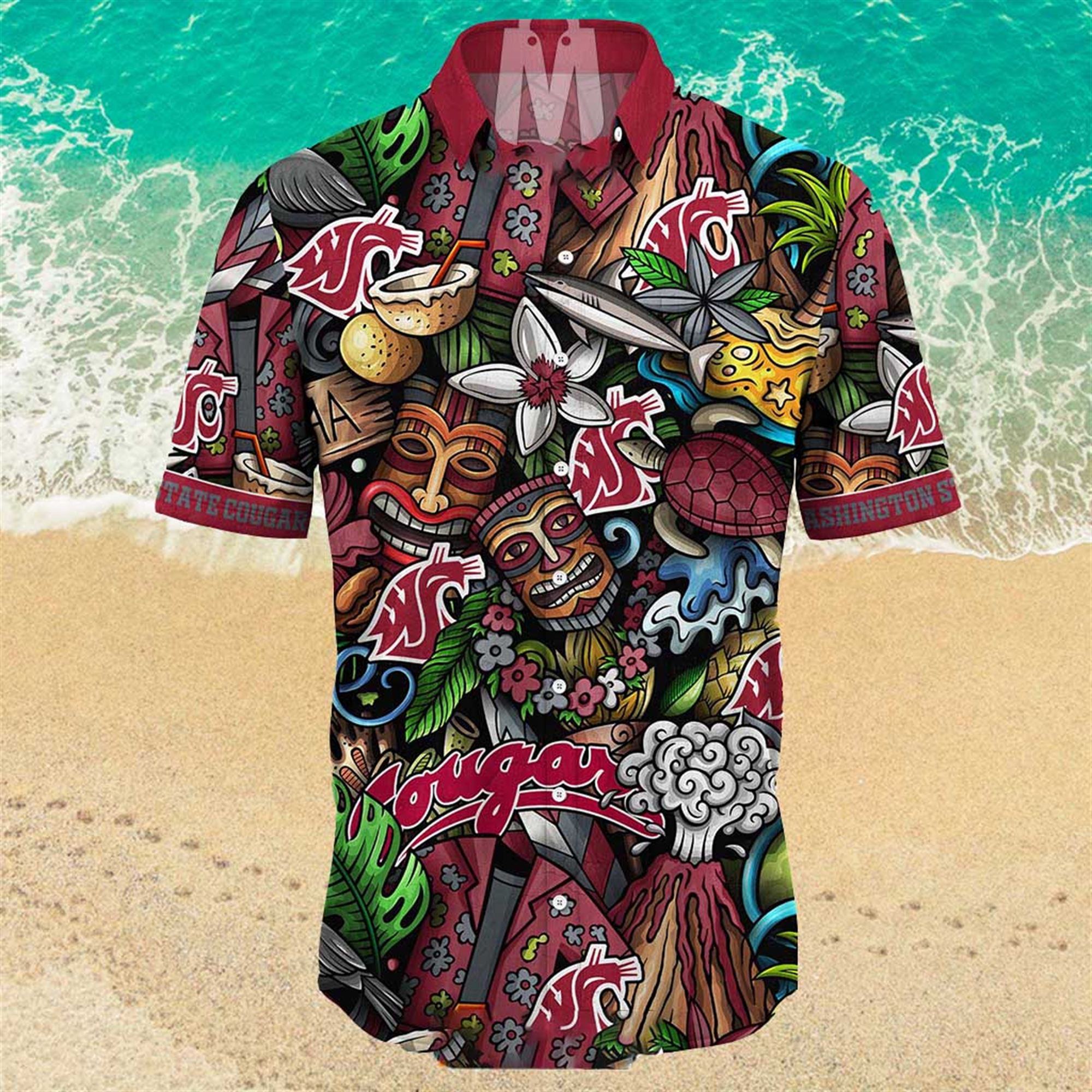 NEW Washington State Cougars Ncaa Mens Floral Button Up Hawaiian Shirt