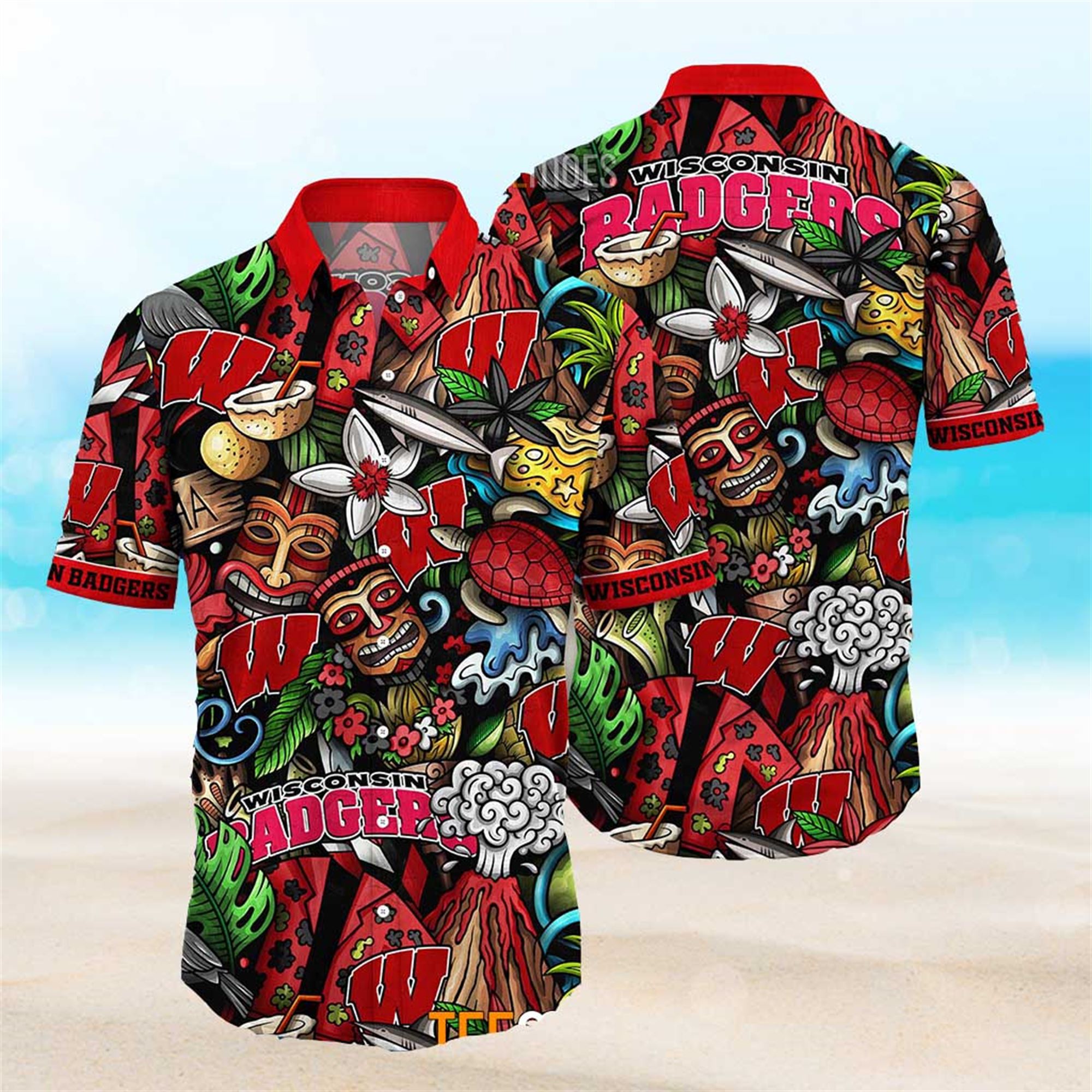 NEW Wisconsin Badgers Ncaa Mens Floral Button Up Hawaiian Shirt