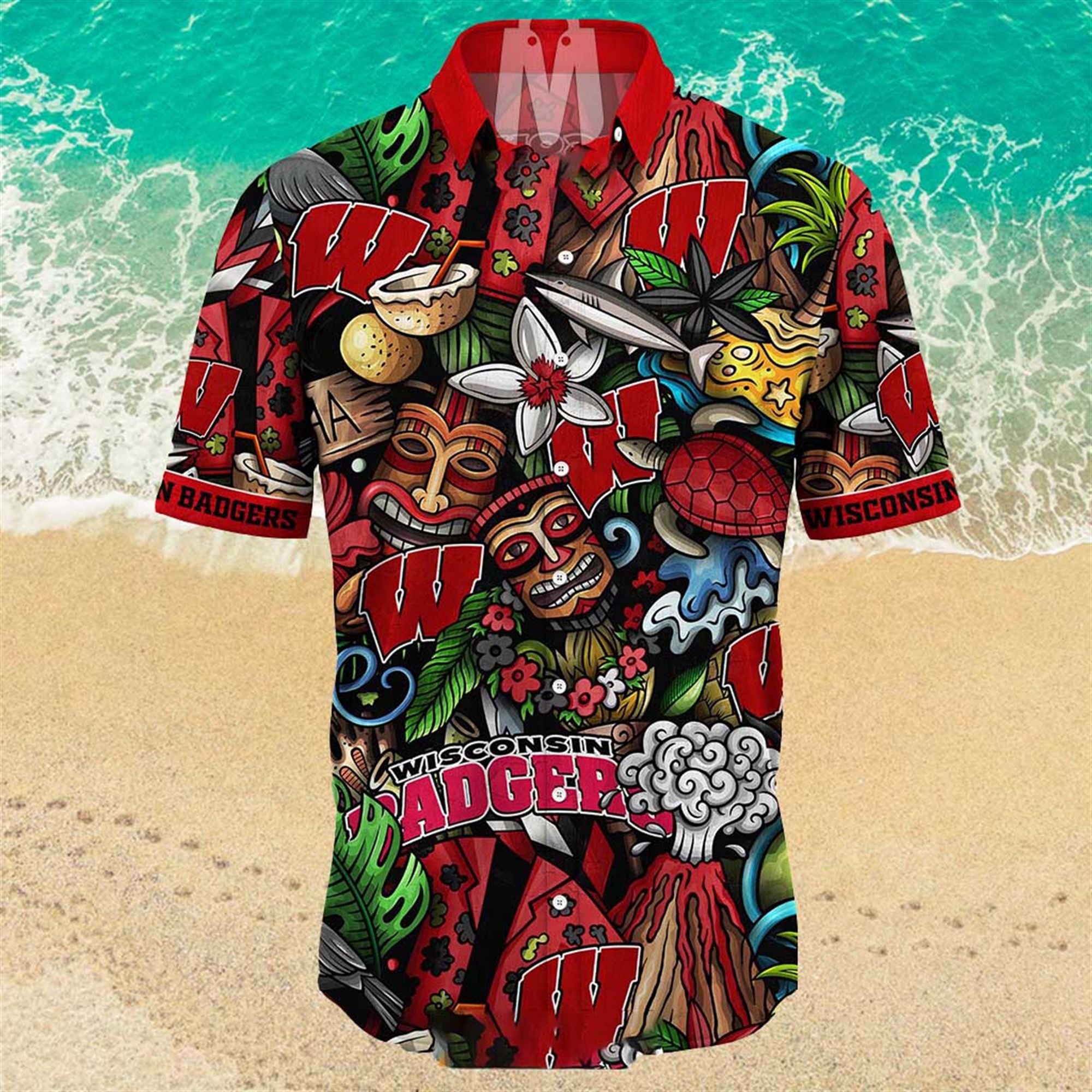 NEW Wisconsin Badgers Ncaa Mens Floral Button Up Hawaiian Shirt