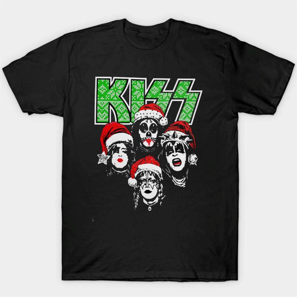 Kiss Debut Album Cover With Santa Hats Kissmas Green Logo Christmas Shirt