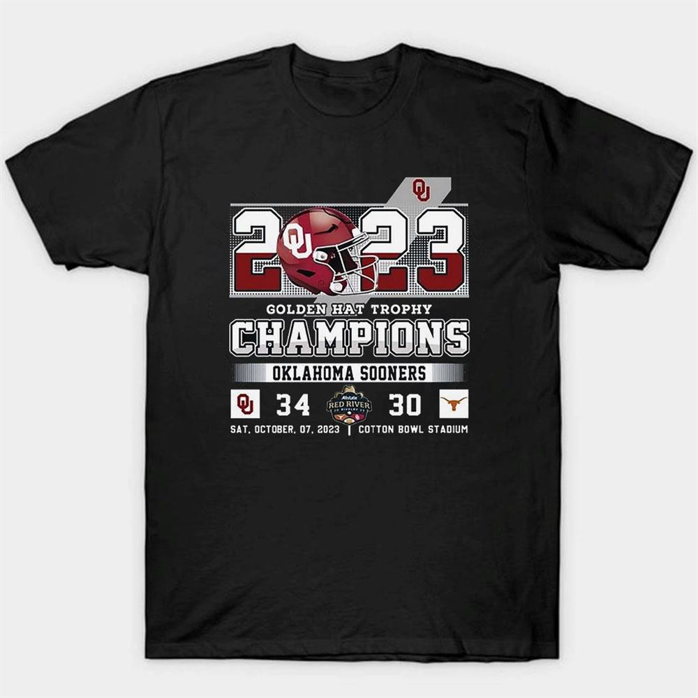 Oklahoma Sooners 34 Texas Longhorns 30 Golden Hat Trophy Champions 2023 October Bowl Stadium Shirt