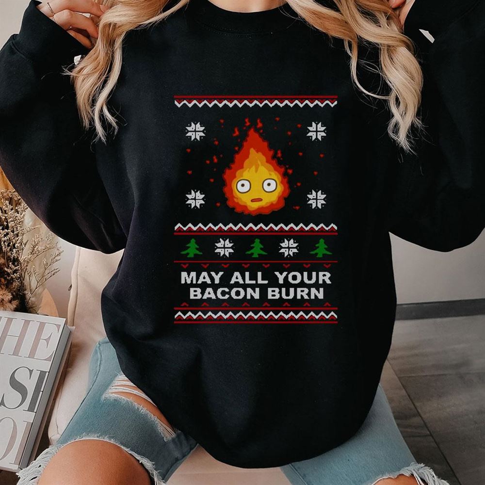 Studio Ghibli Calcifer May All Your Bacon Burn Hows Moving Castle Ugly Christmas Sweatshirt Studio Ghibli Calcifer May All Your Bacon Burn Hows Moving Castle Ugly Christmas Sweatshirt