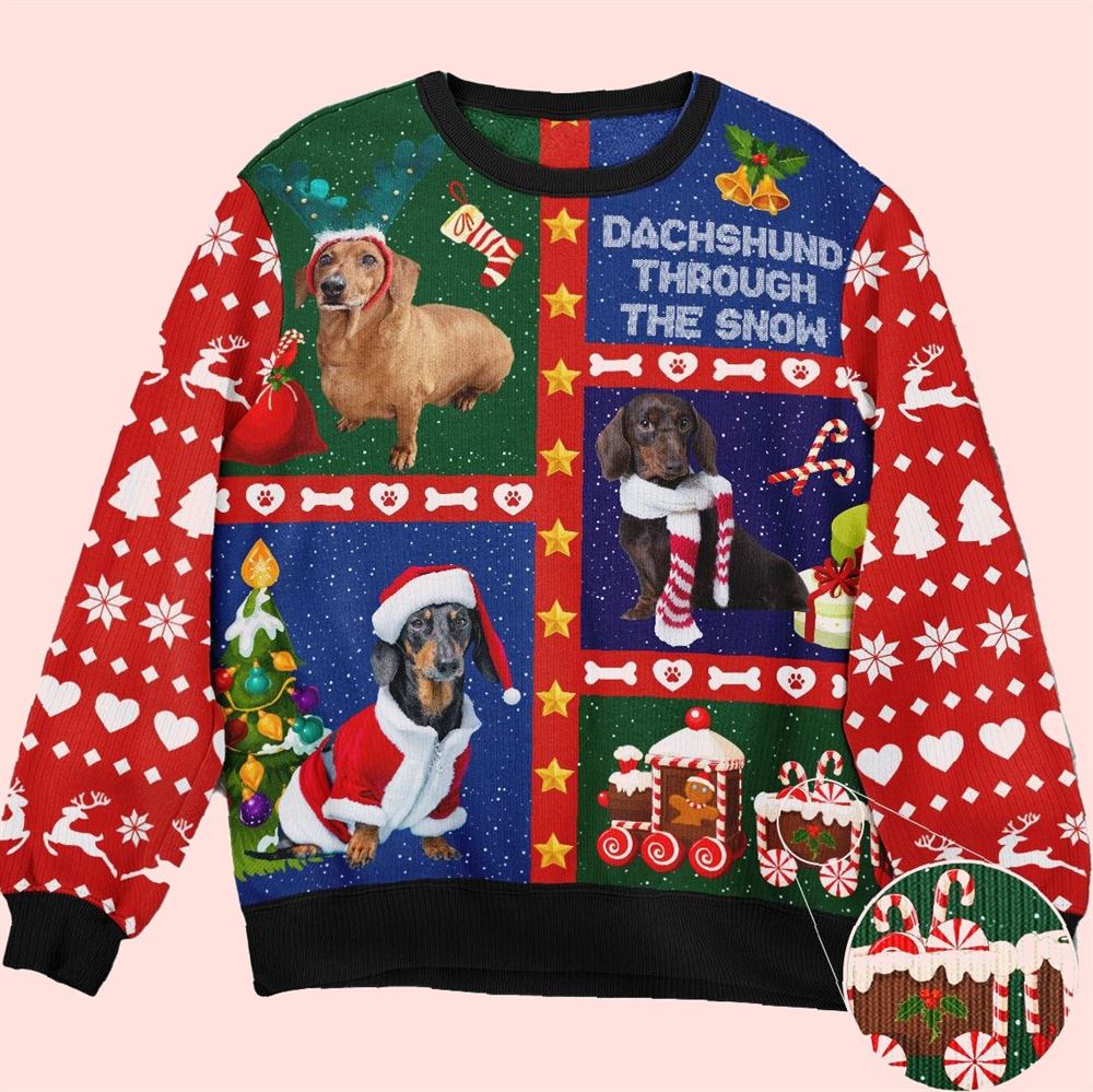 Cute Dachshund Through The Snow Christmas Ugly Sweater