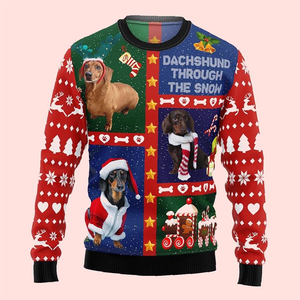 Cute Dachshund Through The Snow Christmas Ugly Sweater