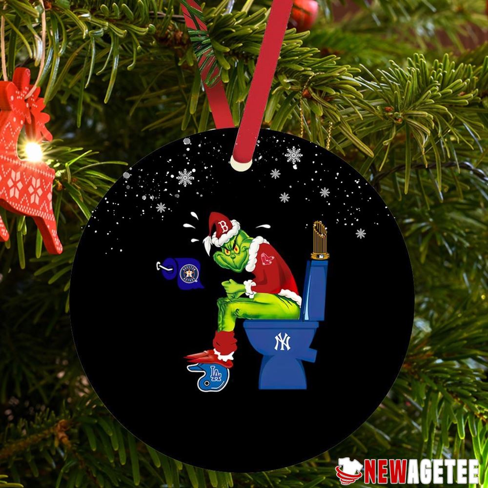 Grinch Santa Boston Red Sox Peeing On Yankees And Houston Astros Toilet Christmas Ornament