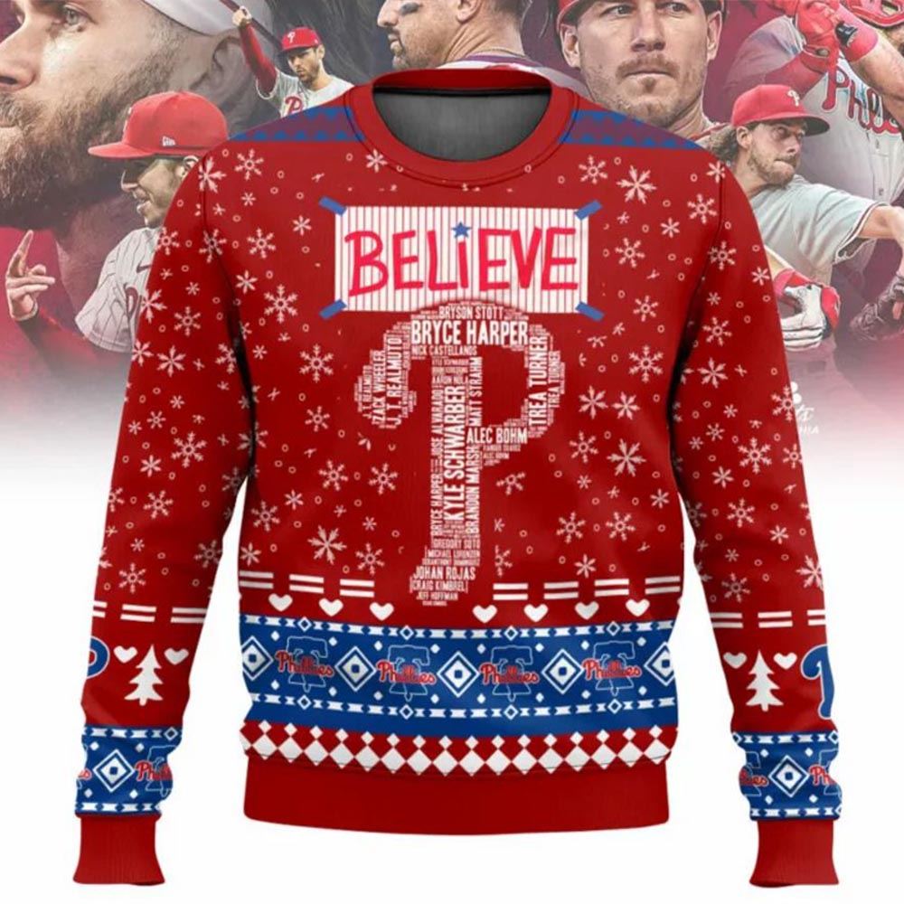 Philadelphia Phillies Believe Team Names Mlb Ugly Christmas Sweater