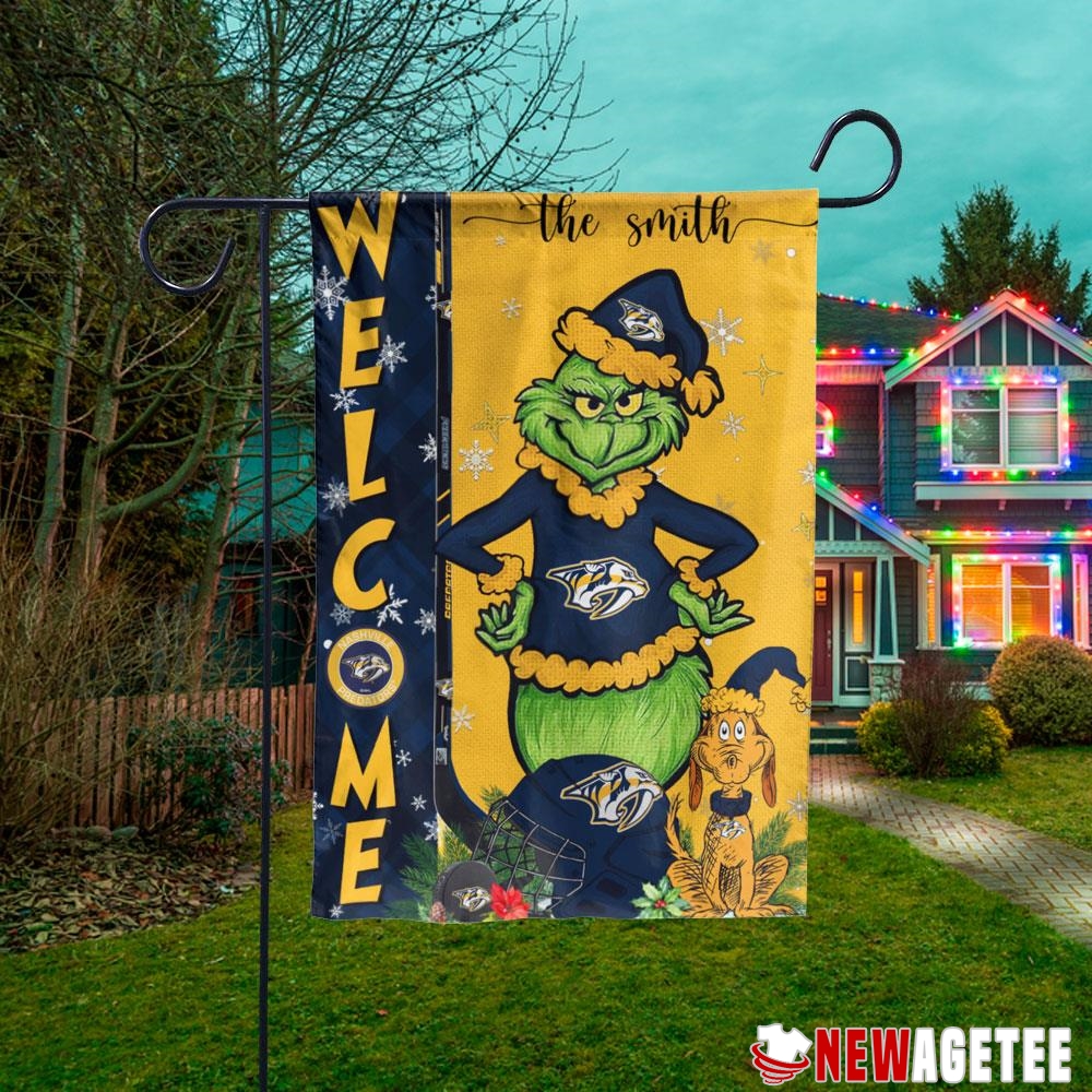 Nashville Predators Grinch Welcome Christmas Personalized Garden House Flag Nashville Predators Grinch Welcome Christmas Personalized Garden House Flag