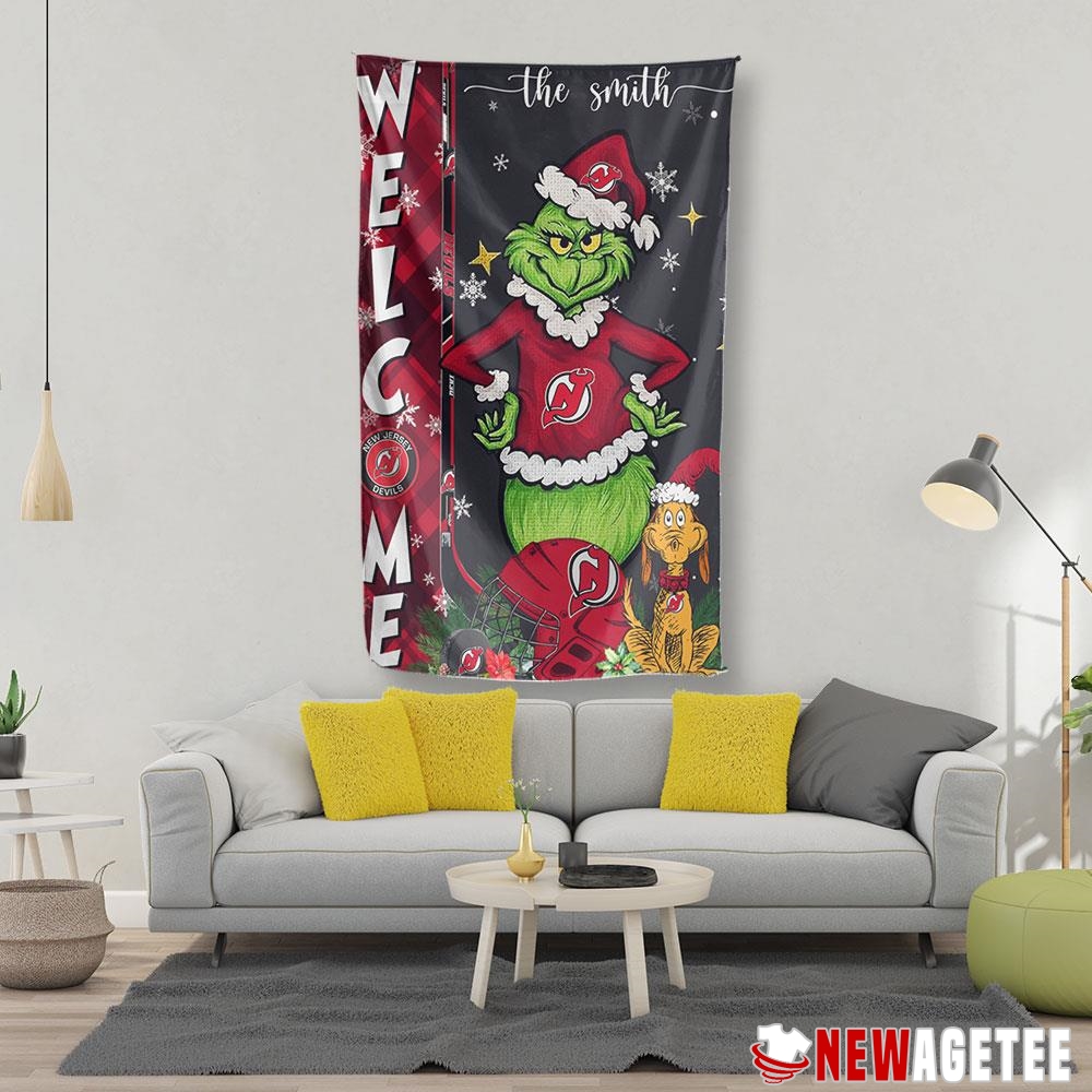 New Jersey Devils Grinch Welcome Christmas Personalized Garden House Flag New Jersey Devils Grinch Welcome Christmas Personalized Garden House Flag