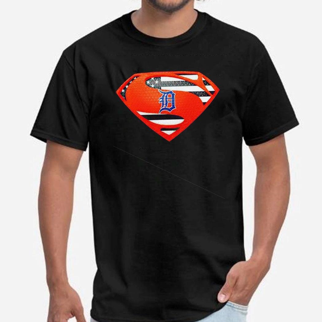 Detroit Tigers Superman Usa Flag Inside Shirt Ladies Tee
