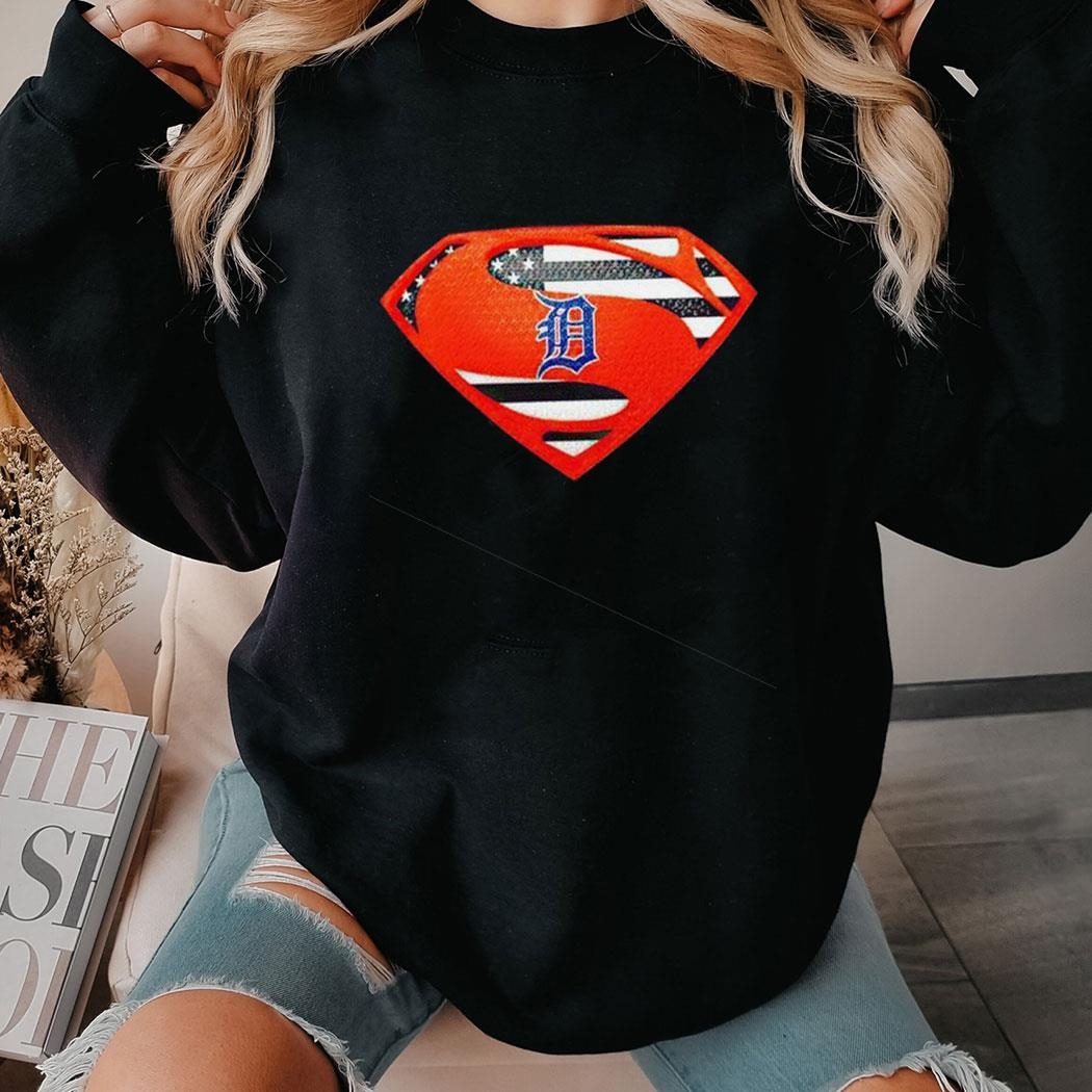 Detroit Tigers Superman Usa Flag Inside Shirt Ladies Tee