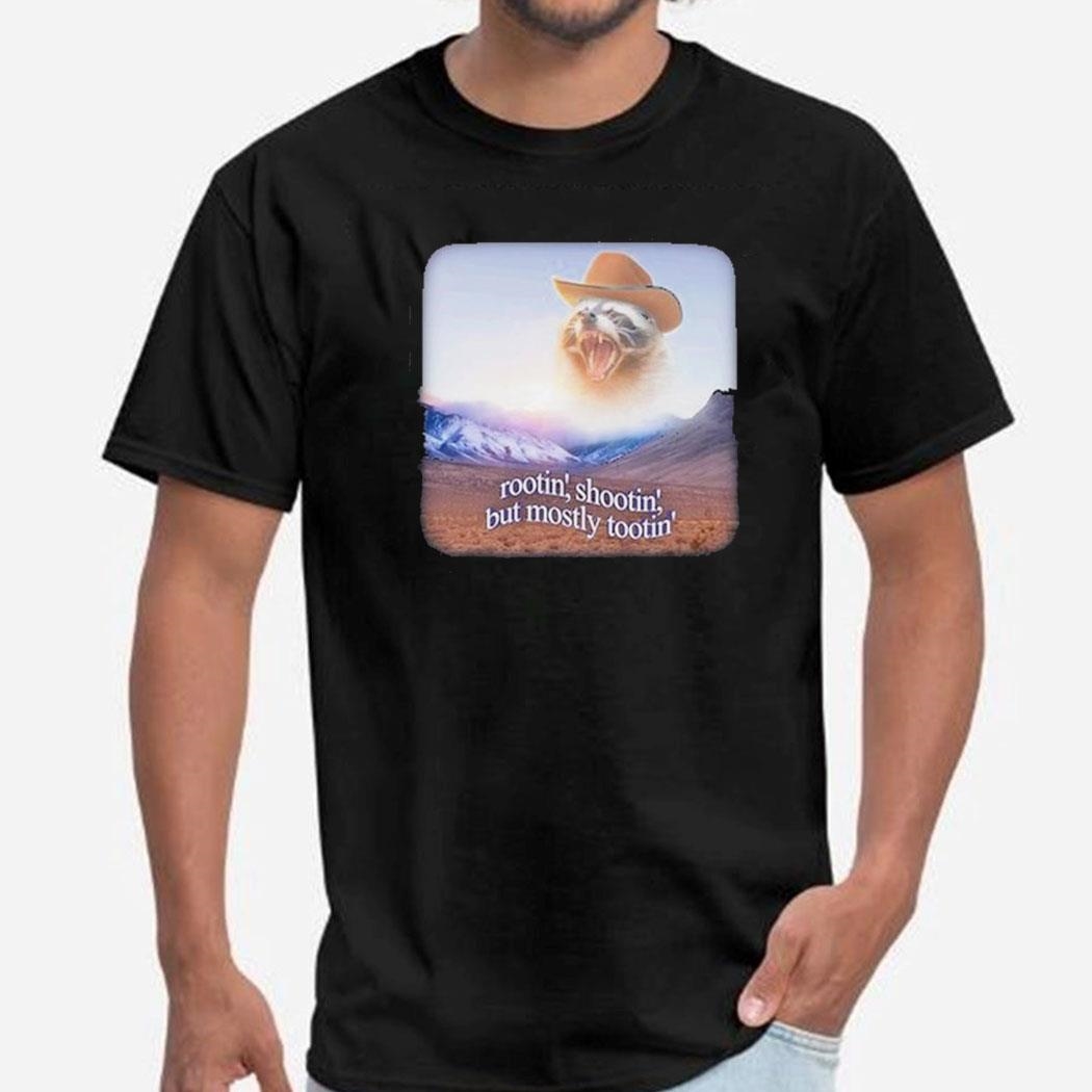 Snazzy Seagull Rootin’ Shootin’ But Mostly Tootin’ Raccoon Cowboy Shirt Ladies Tee