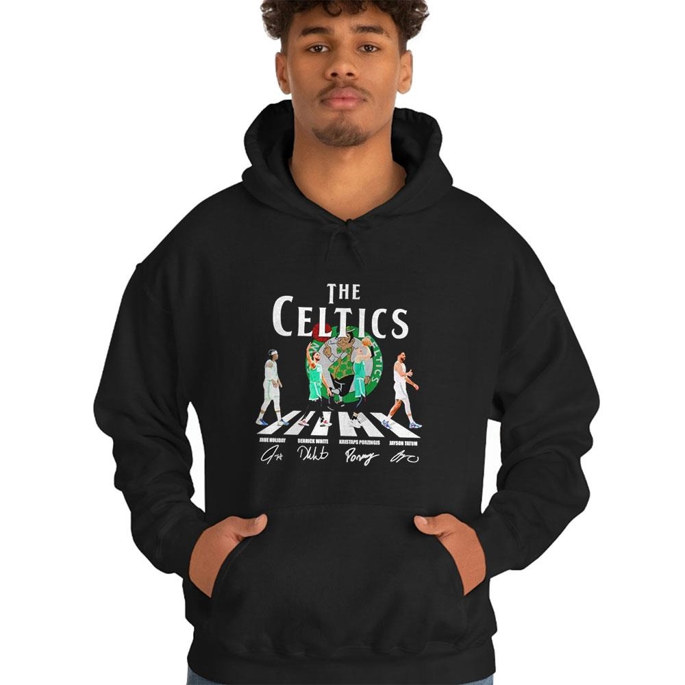 The Boston Celtics Holiday White Porzingis And Tatum Walking Across Signatures Shirt Hoodie The Boston Celtics Holiday White Porzingis And Tatum Walking Across Signatures Shirt Hoodie