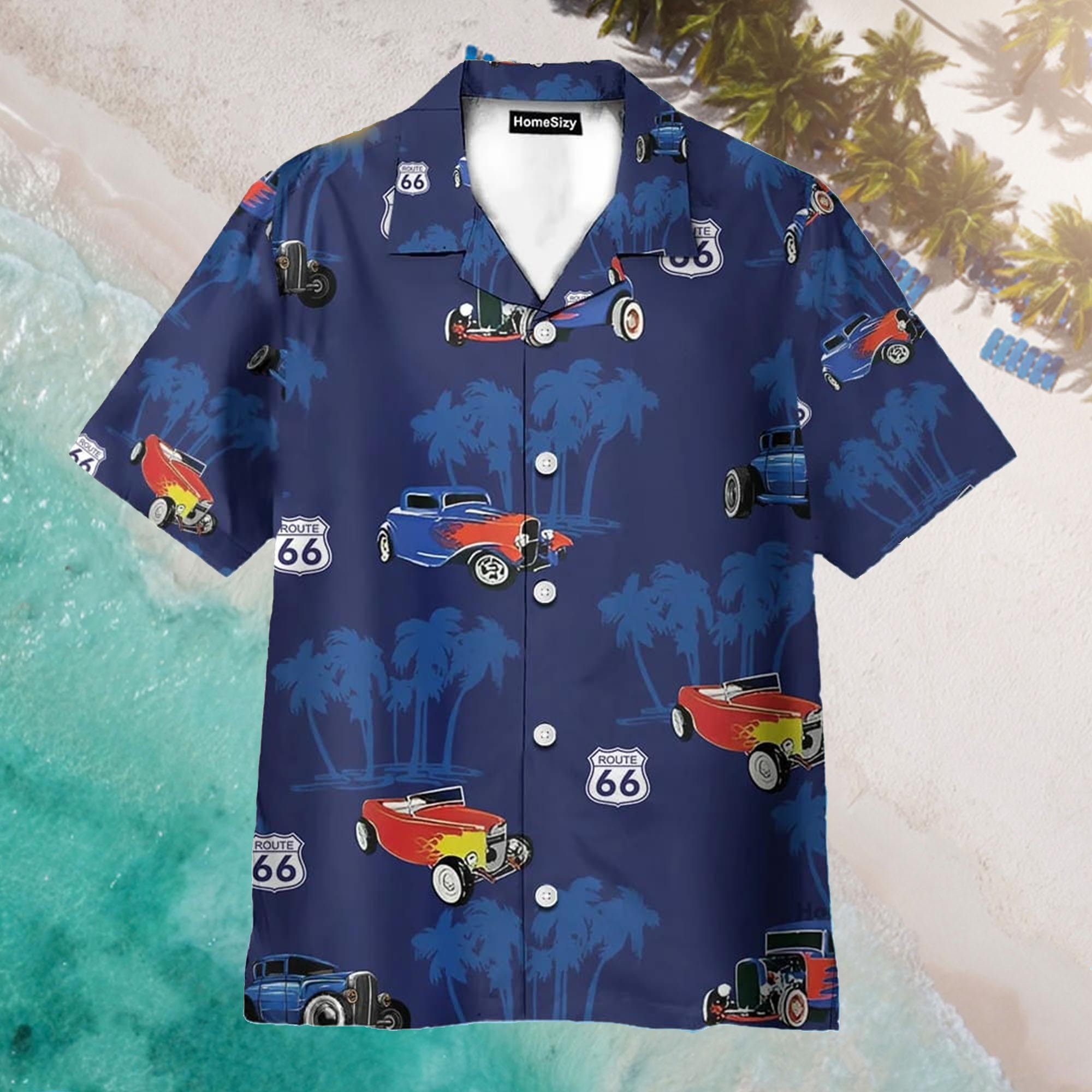 Graphic Route 66 Car Hot Rod Car Aloha Hawaiian Shirt