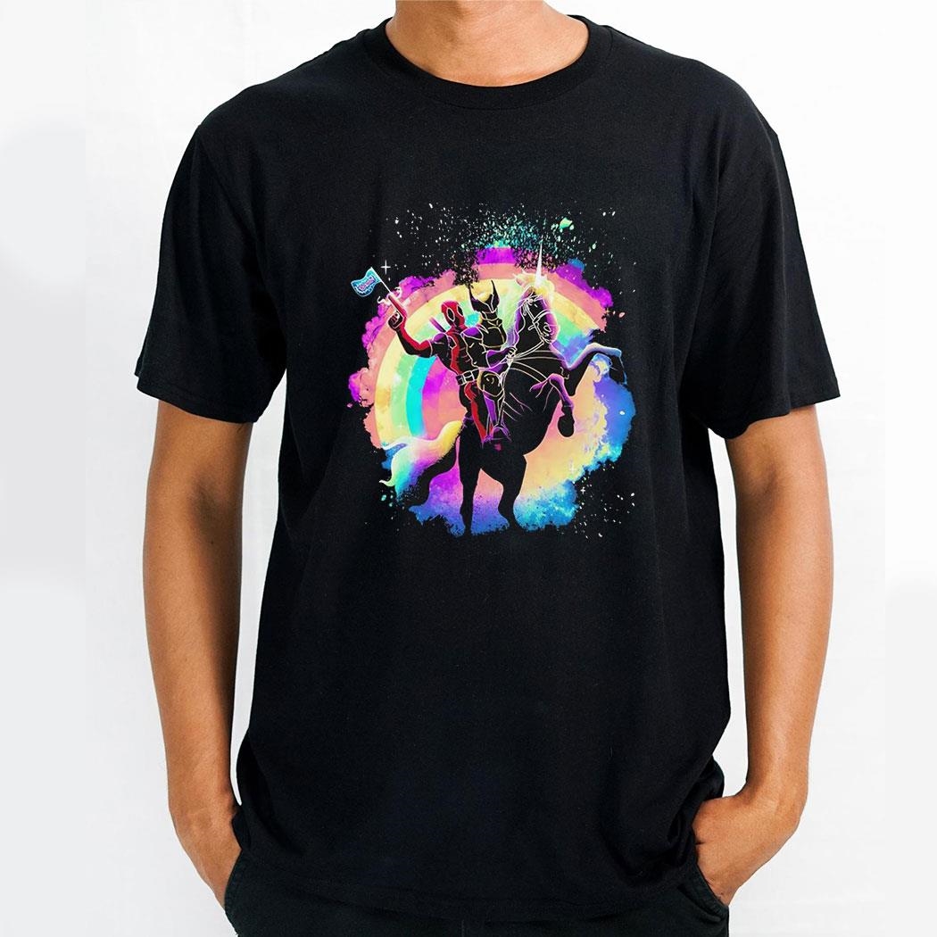Deadpool And Wolverine On A Unicorn Shirt