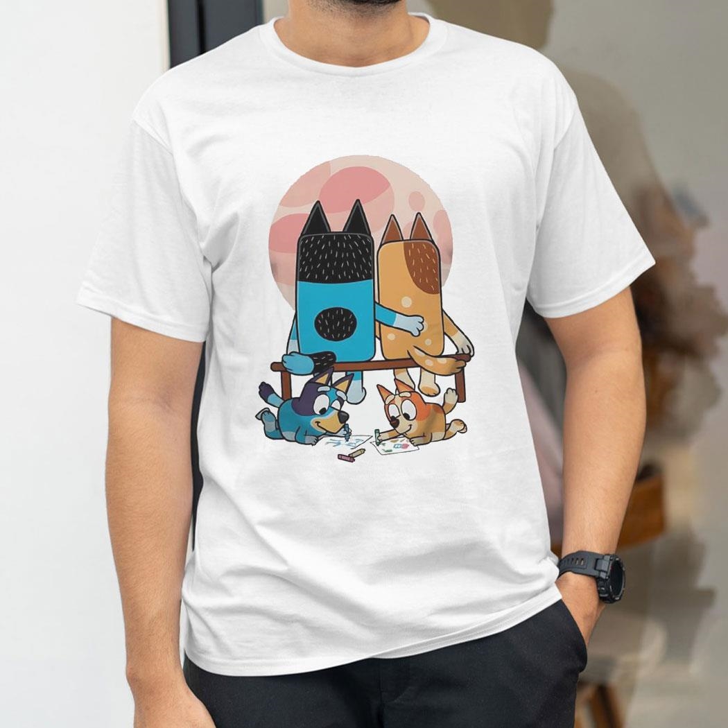 Bluey And Norman Rockwells Boy And Girl Gazing At The Moon Heelers Gazing At The Moon Cartoon Shirt
