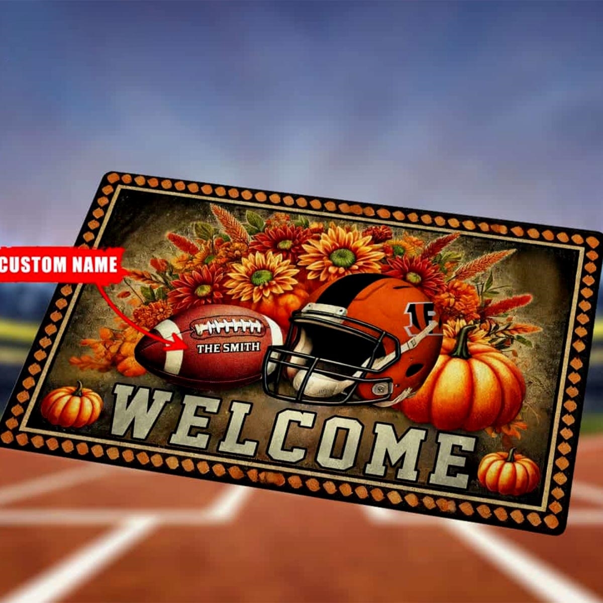 Bengals Welcome Football Fall Pumpkin Halloween Doormat