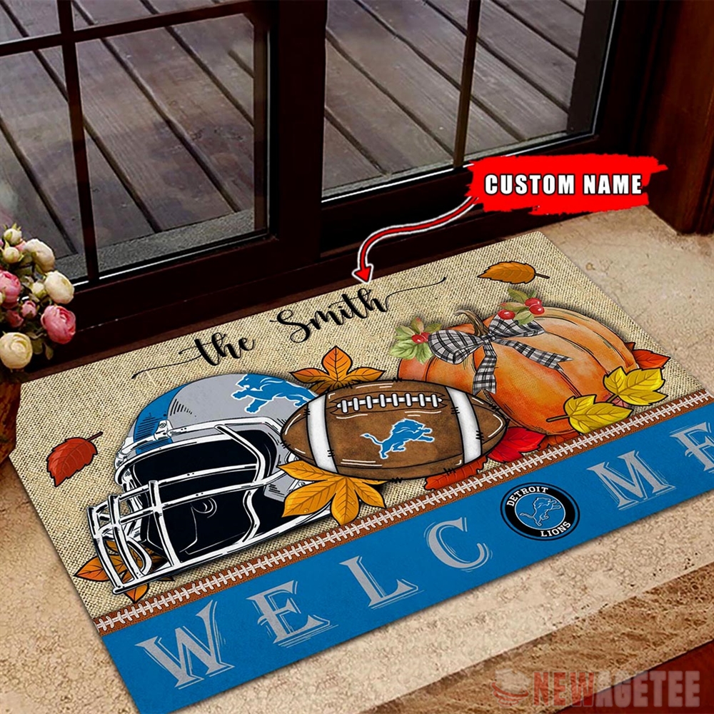 Detroit Lions Nfl Welcome Fall Pumpkin Doormat Custom Name