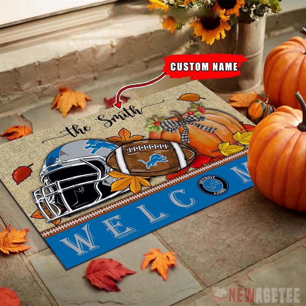 Detroit Lions Nfl Welcome Fall Pumpkin Doormat Custom Name