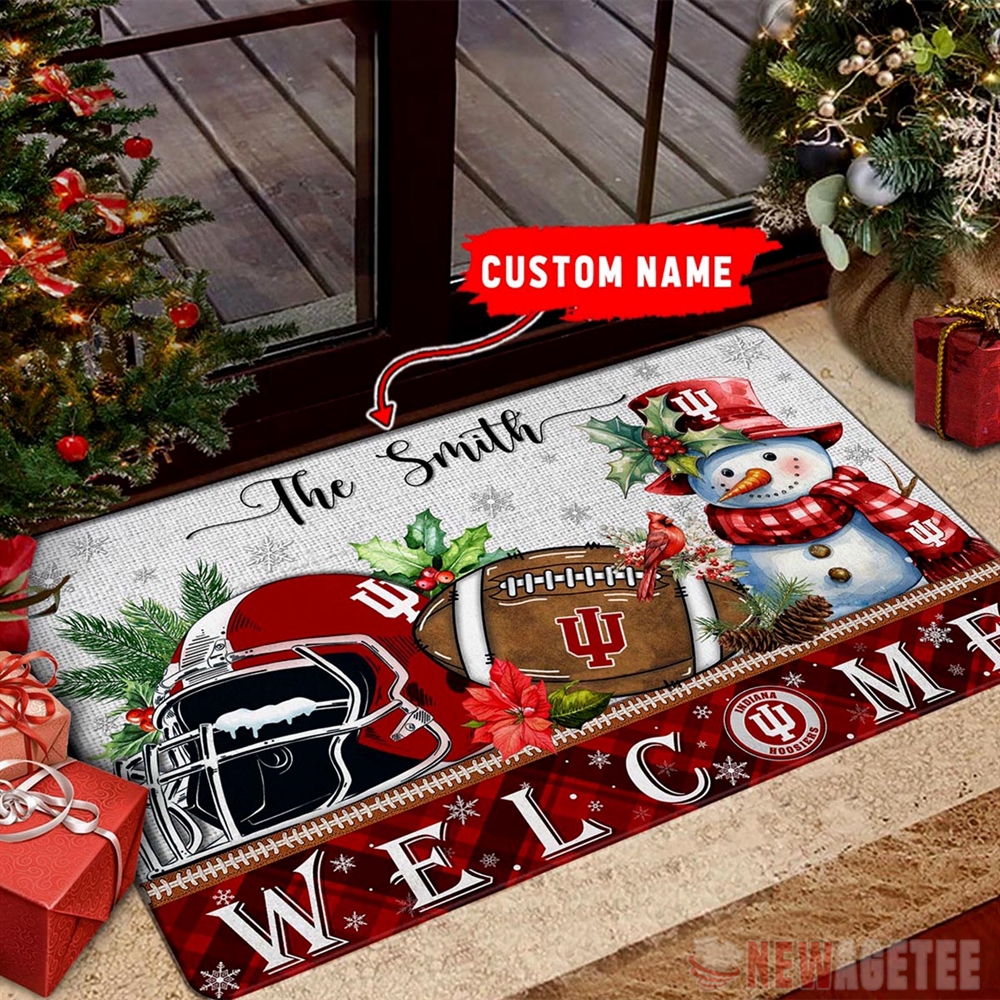 Indiana Hoosiers Snowman Welcome Christmas Football Doormat Custom Name
