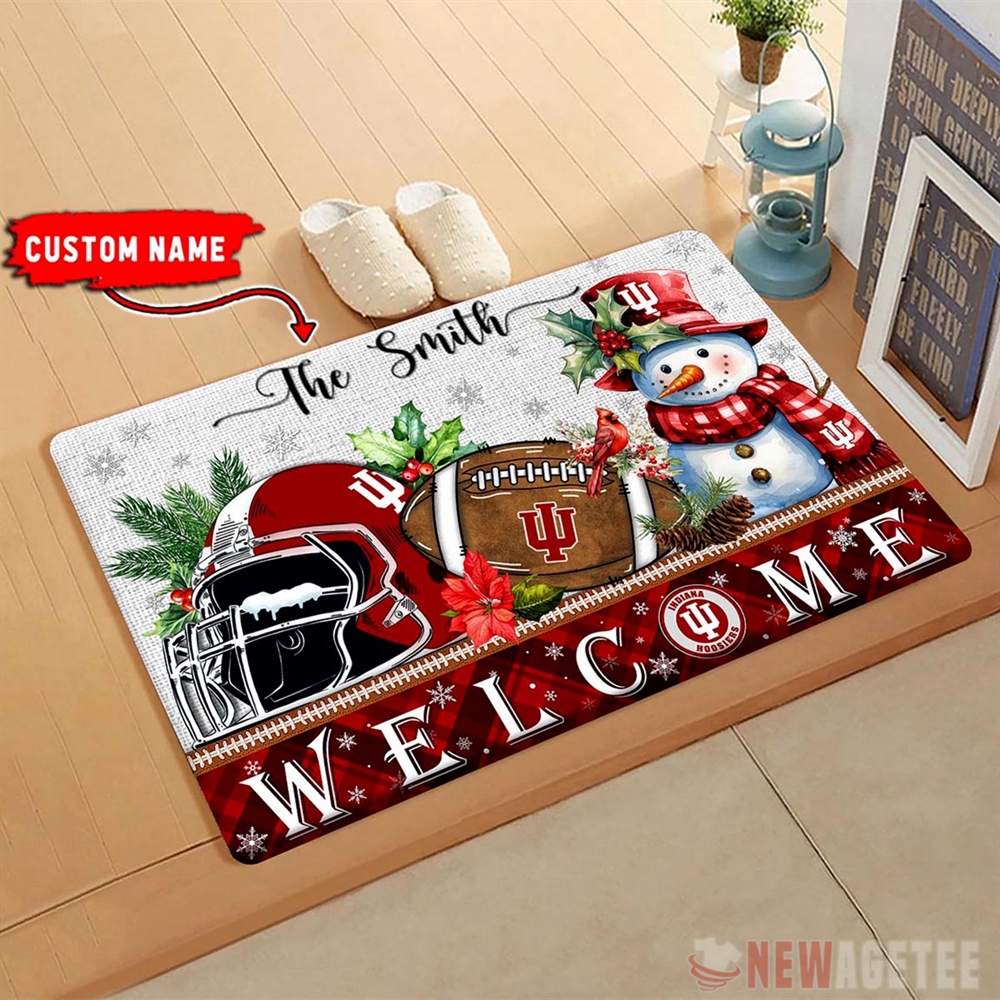 Indiana Hoosiers Snowman Welcome Christmas Football Doormat Custom Name