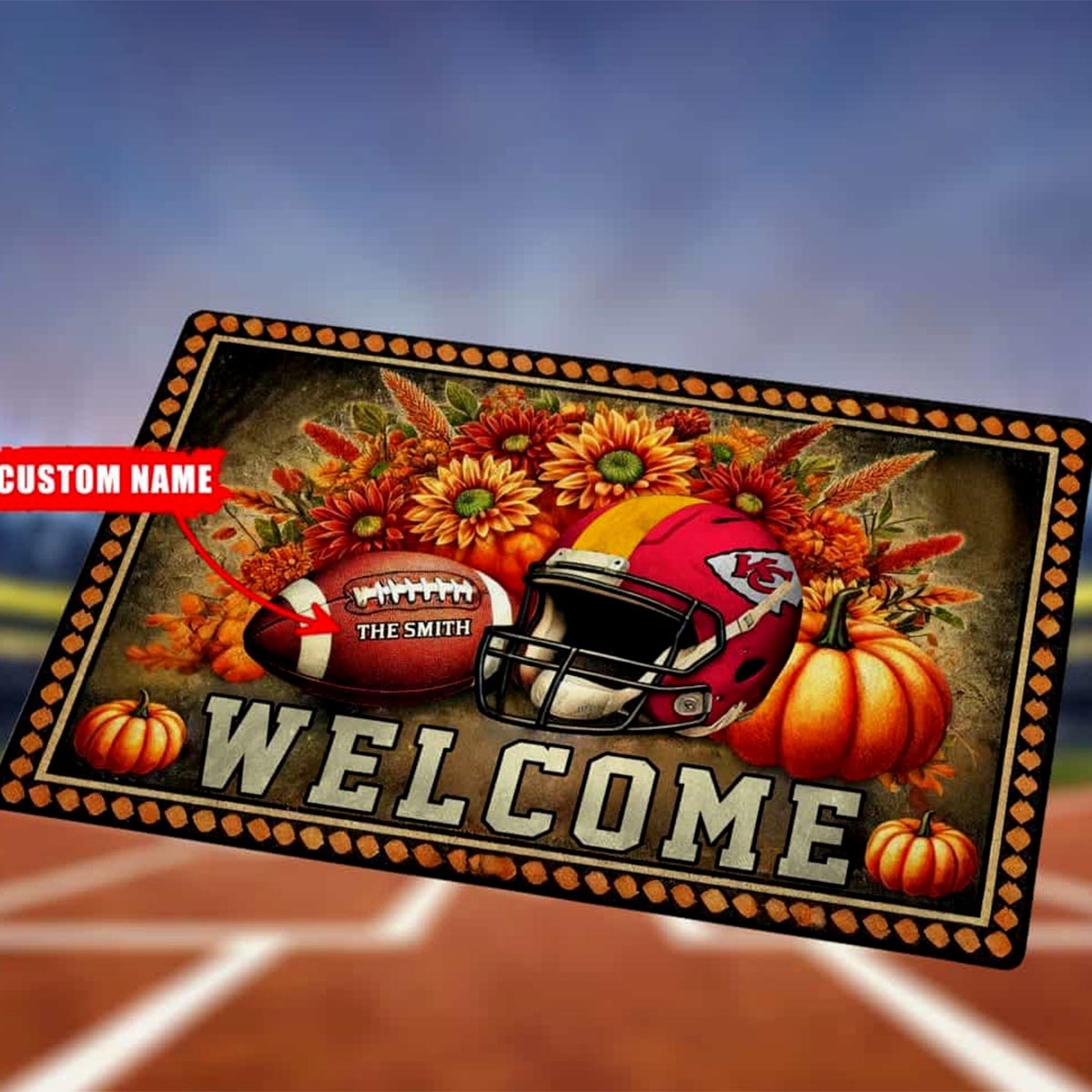Kc Chiefs Welcome Football Fall Pumpkin Halloween Doormat