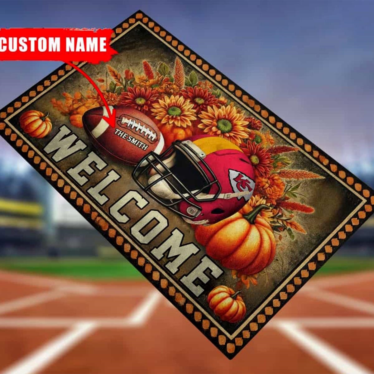 Kc Chiefs Welcome Football Fall Pumpkin Halloween Doormat