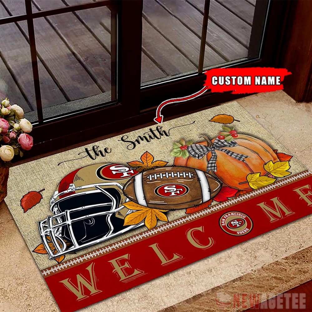 San Francisco 49ers Nfl Welcome Fall Pumpkin Doormat Custom Name
