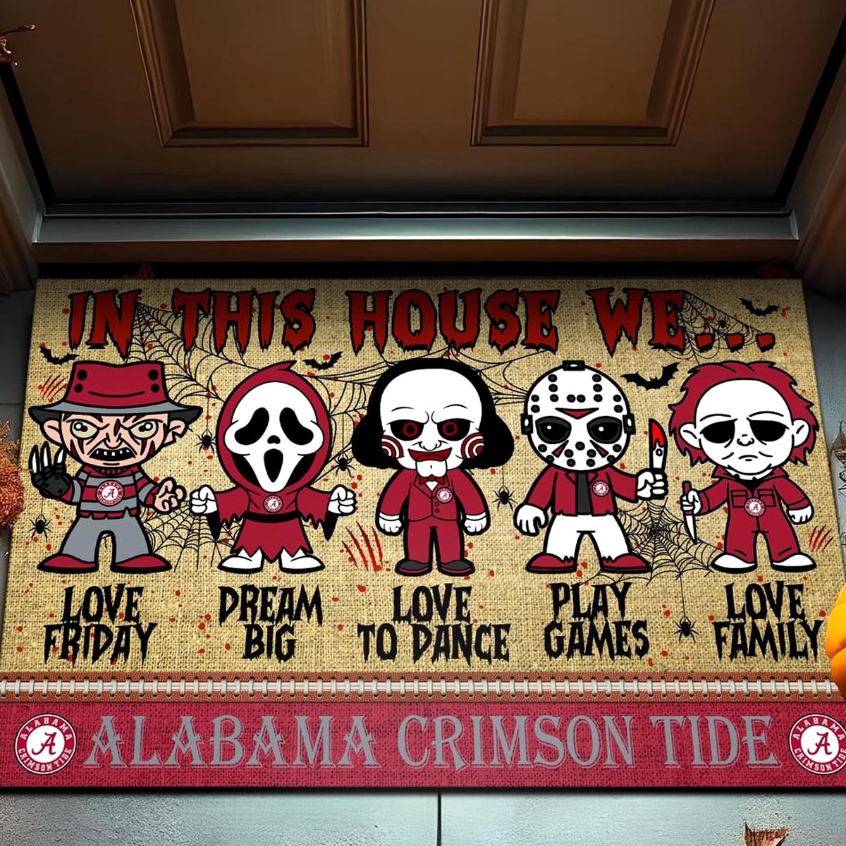 Alabama Crimson Tide In This House We Love Family Dream Big Halloween Horror Movies Doormat