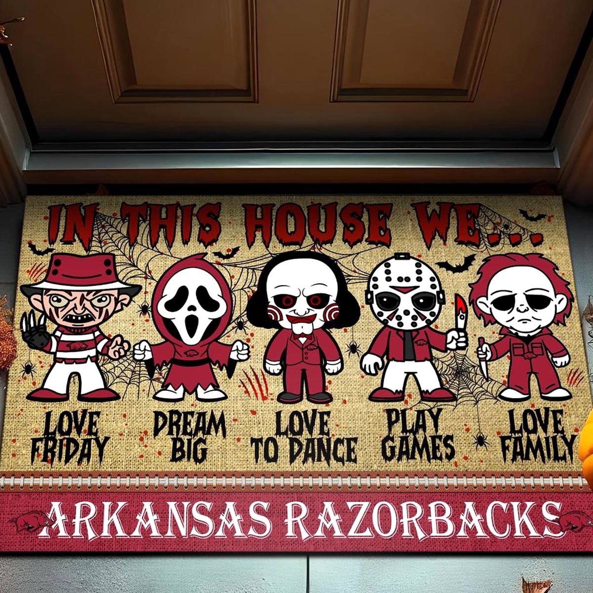 Arkansas Razorbacks In This House We Love Family Dream Big Halloween Horror Movies Doormat