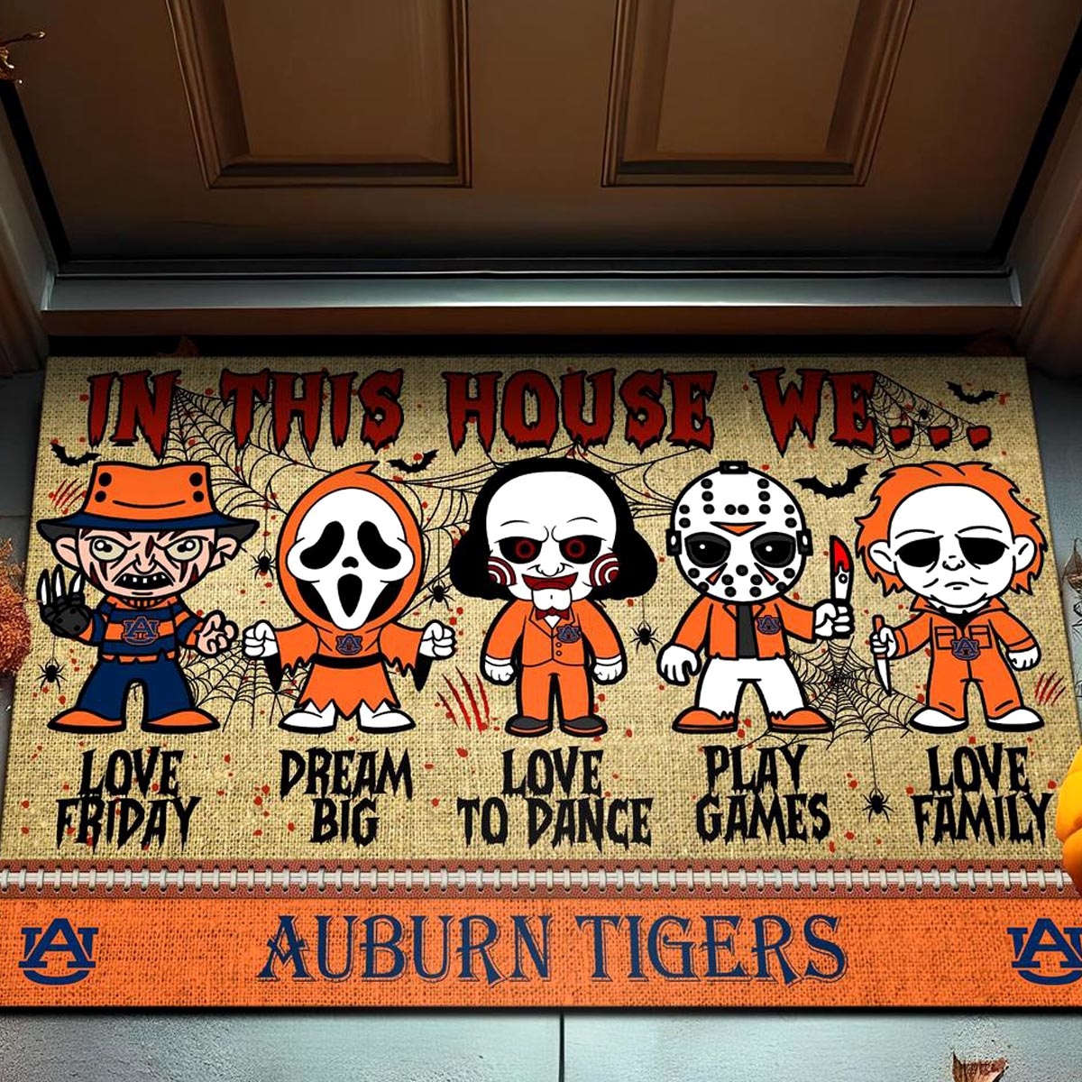 Auburn Tigers In This House We Love Family Dream Big Halloween Horror Movies Doormat
