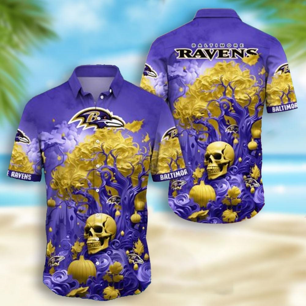 Baltimore Ravens Skull Pumpkin Halloween Hawaiian Shirt Baltimore Ravens Skull Pumpkin Halloween Hawaiian Shirt