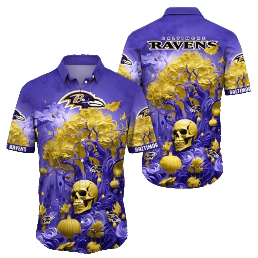 Baltimore Ravens Skull Pumpkin Halloween Hawaiian Shirt