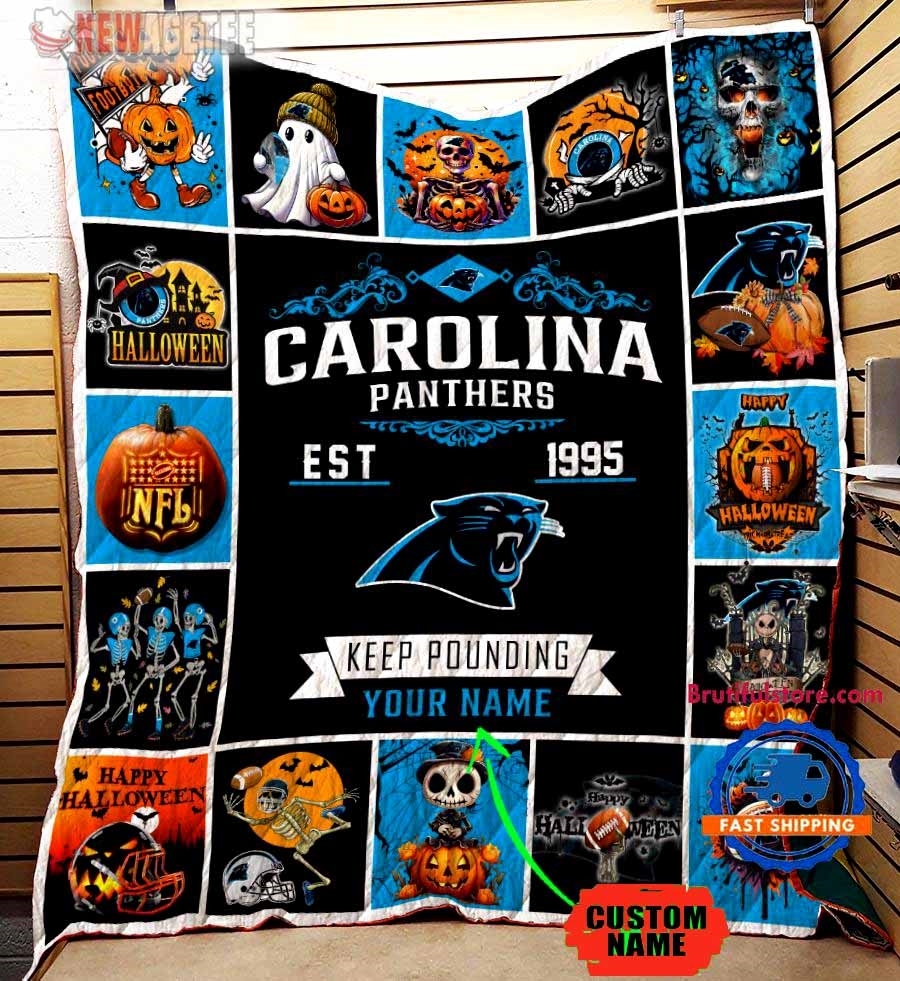 Carolina Panthers Football Skeleton Pumpkin Skull Halloween Quilt Fleece Blanket